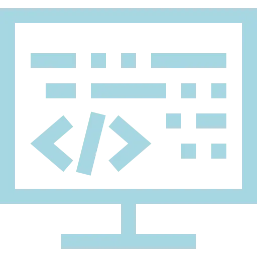 A light blue icon of a computer screen with lines and dots representing code.