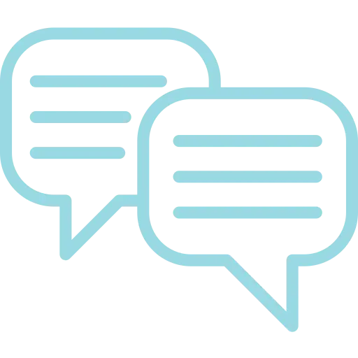 A light blue icon of two chat bubbles with lines representing text inside each chat bubble.